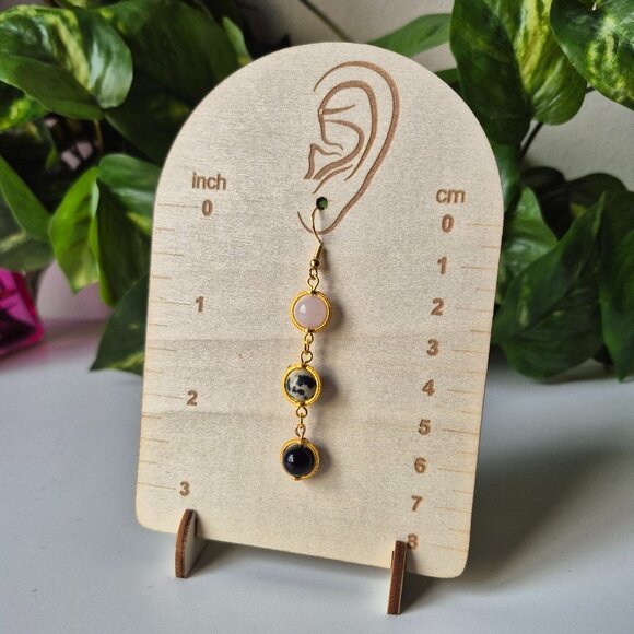 Dalmatian Jasper, Rose Quartz and Black Obsidian Earring Dangles - Picture 3 of 7